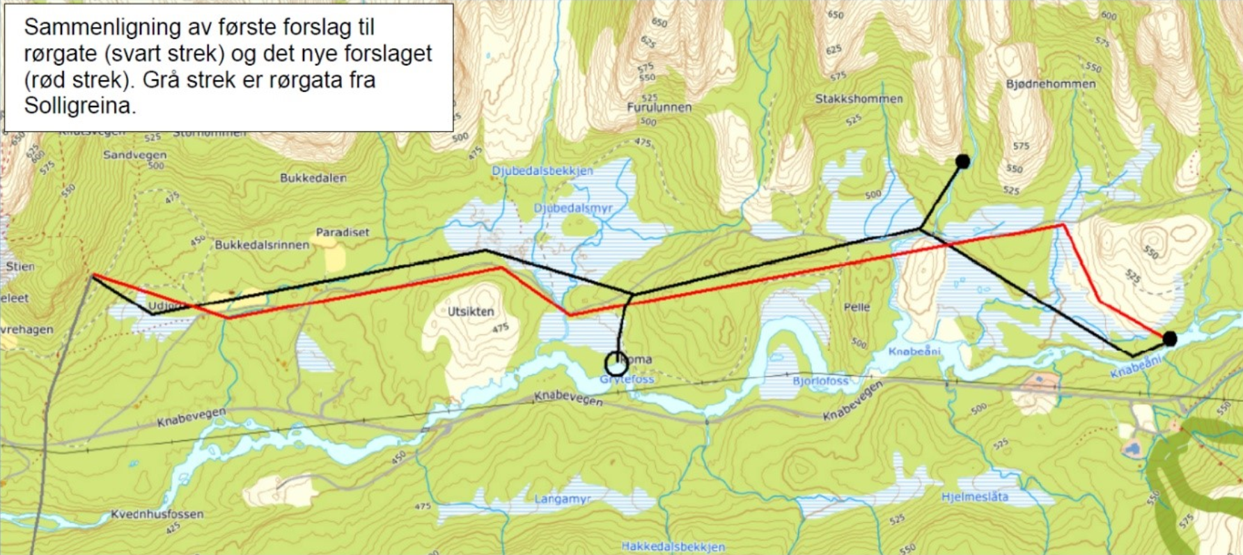 Kart av rørgatetrase Knabedalen